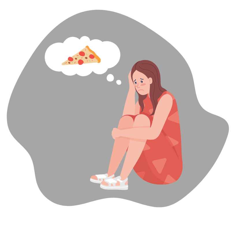 cartoon woman sitting on floor thinking about pizza