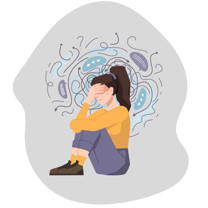 12 avatar woman sitting on ground with swirling negative self talk in the air around her