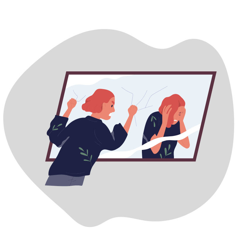 18WLS Image breaking mirror cartoon avatar of woman looking in mirror and breaking mirror