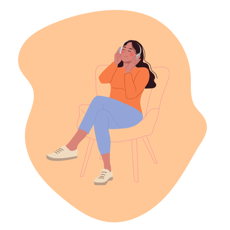 cartoon woman sitting in big chair with headphones