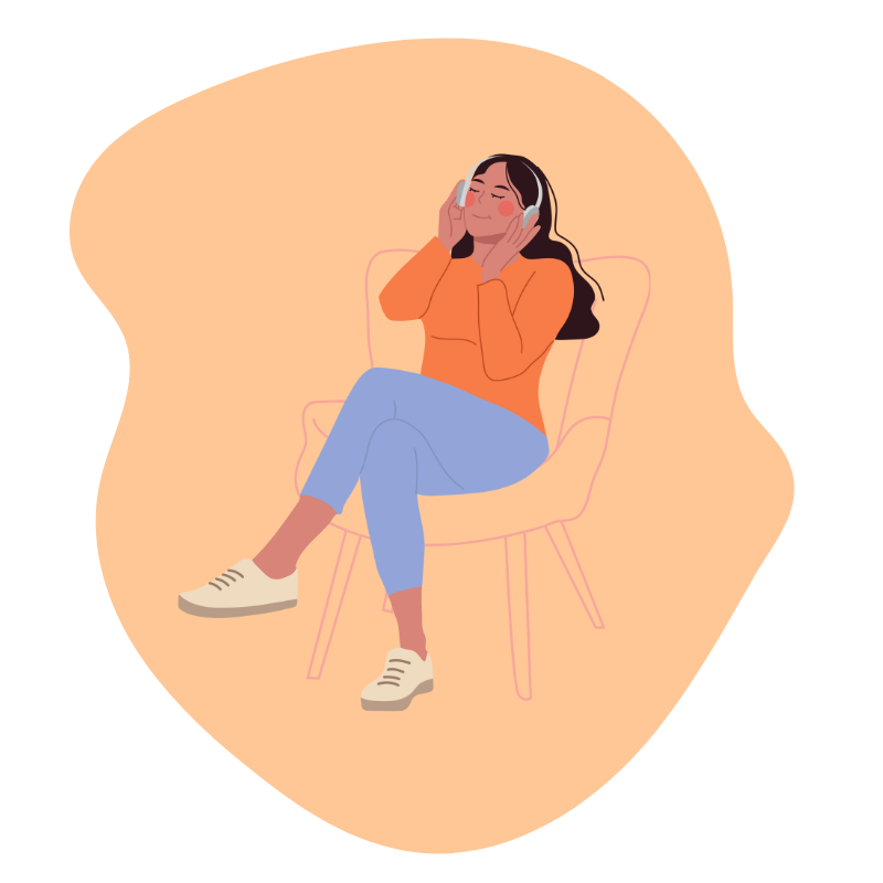 WLS Image woman in chair cartoon woman sitting in big chair with headphones