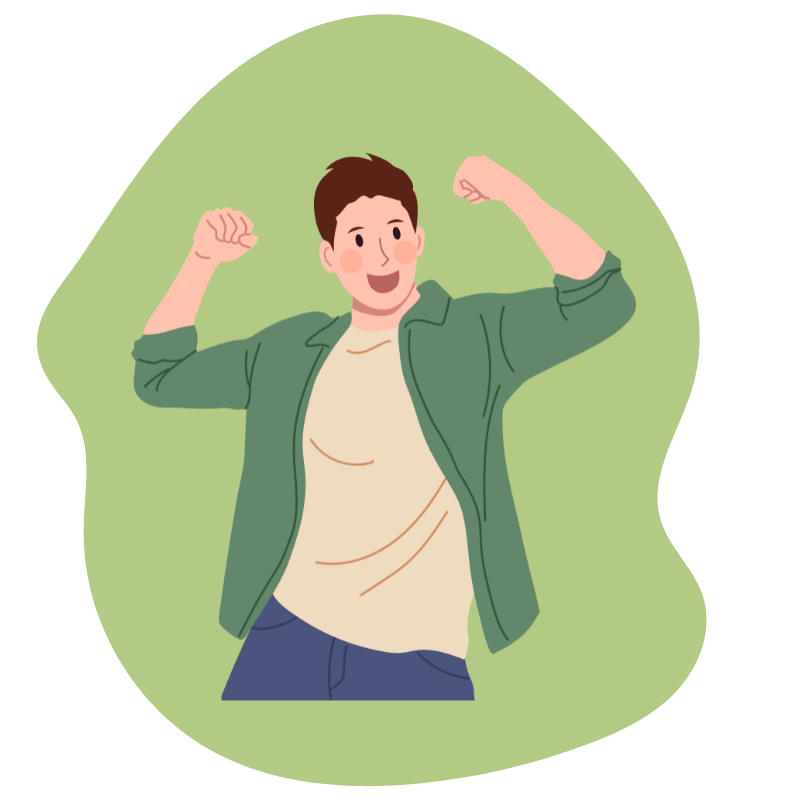 cartoon of young man cheering with arms raised