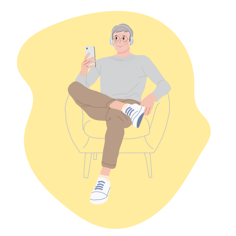 old man sitting in chair listening to music