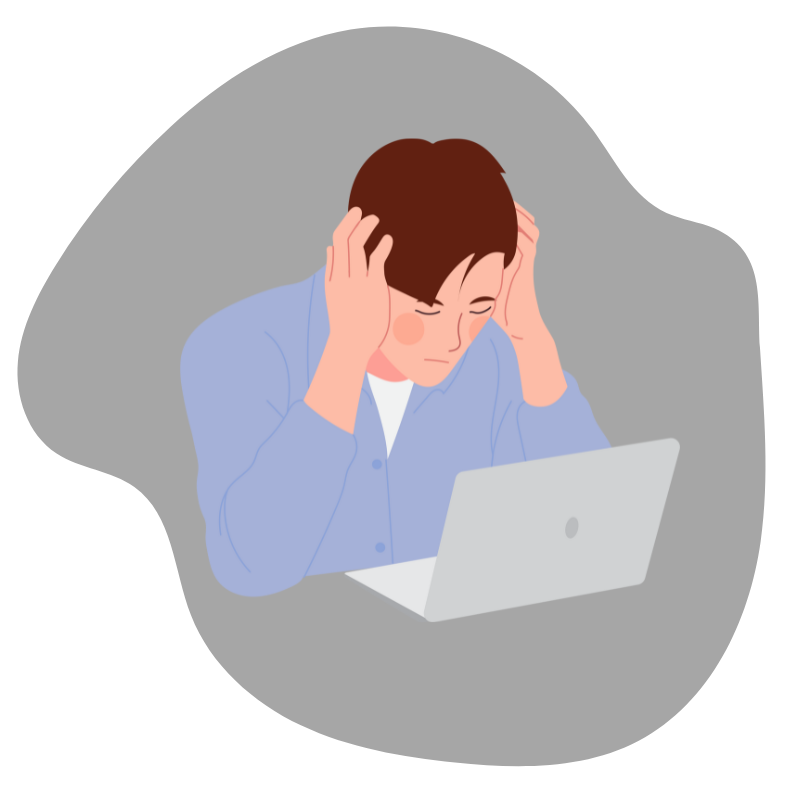 cartoon man holding head in sadness in front of laptop